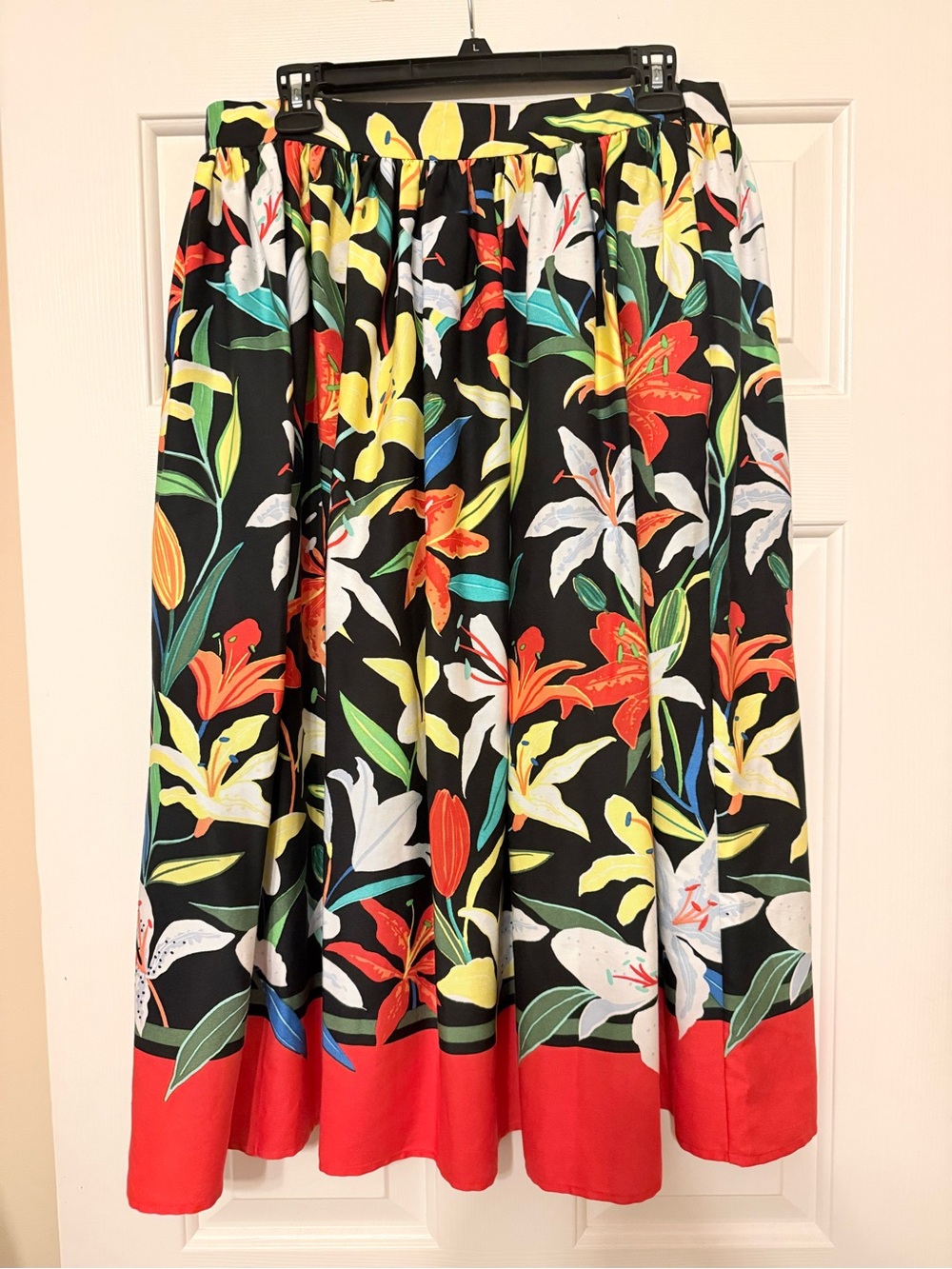kate spade Black Floral A-Line Midi Skirt Summer Lilies Size L NWT